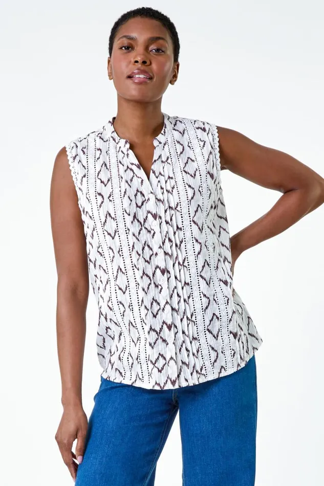 Women Ivory Lace Trim Printed VNeck Cotton Blouse Roman Tops