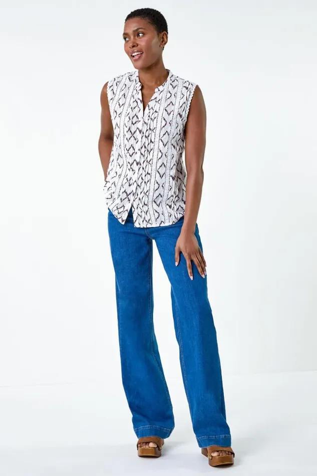 Women Ivory Lace Trim Printed VNeck Cotton Blouse Roman Tops