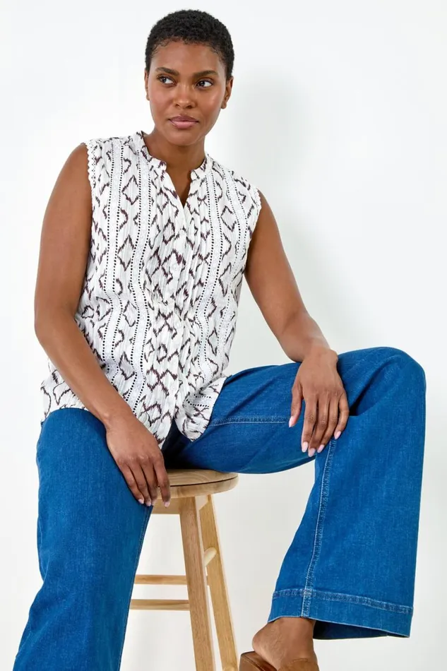 Women Ivory Lace Trim Printed VNeck Cotton Blouse Roman Tops