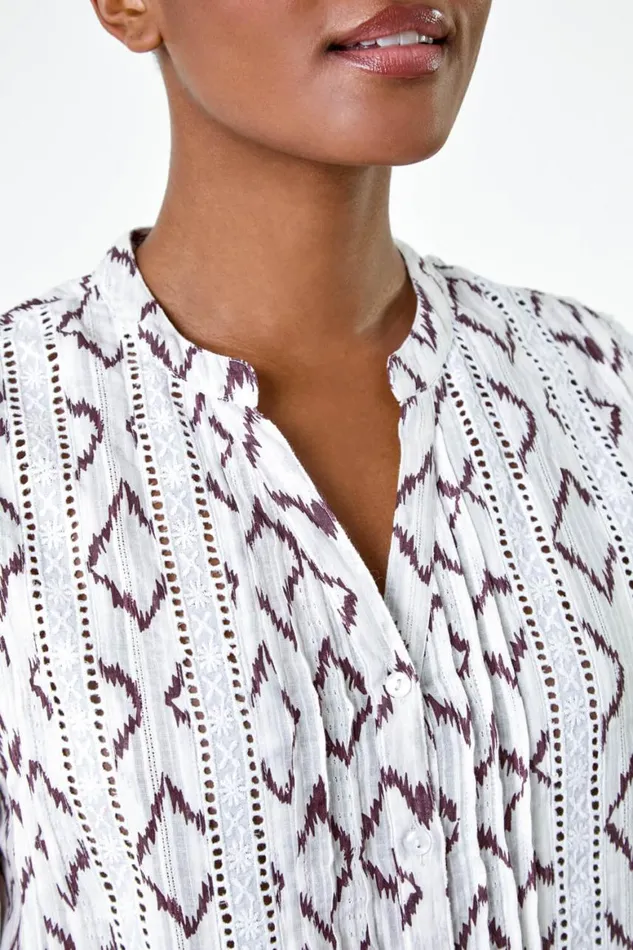 Women Ivory Lace Trim Printed VNeck Cotton Blouse Roman Tops