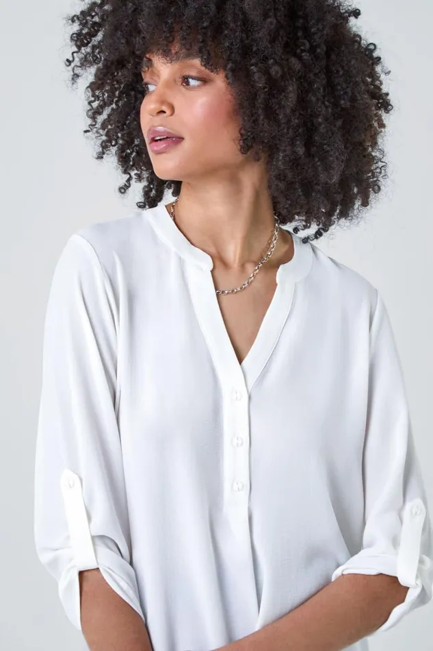 Women Ivory Longline Tunic Stretch Blouse Roman Tops