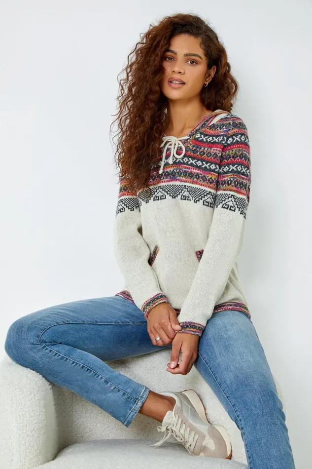 Women Ivory Nordic Print Knitted Hooded VNeck Jumper Roman Knitwear