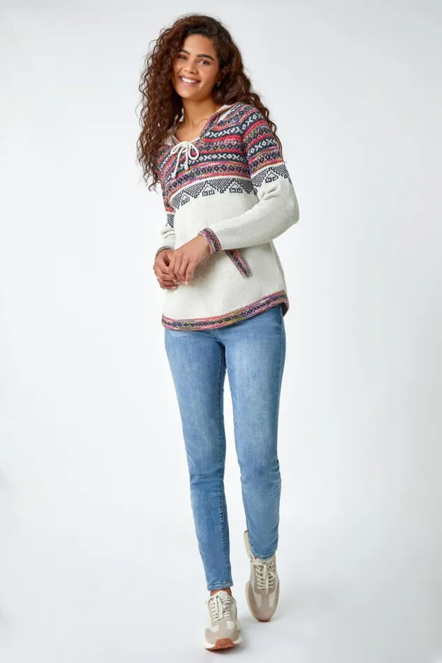 Women Ivory Nordic Print Knitted Hooded VNeck Jumper Roman Knitwear