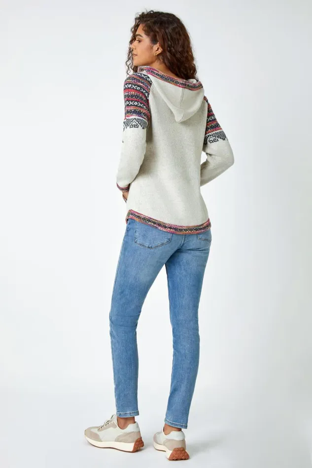 Women Ivory Nordic Print Knitted Hooded VNeck Jumper Roman Knitwear
