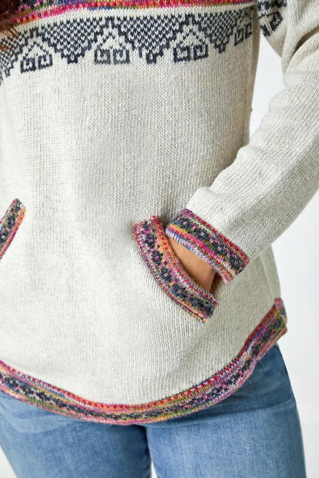 Women Ivory Nordic Print Knitted Hooded VNeck Jumper Roman Knitwear