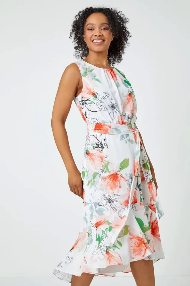 Women Ivory Petite Floral Sleeveless Chiffon Frill Dress Roman Dresses