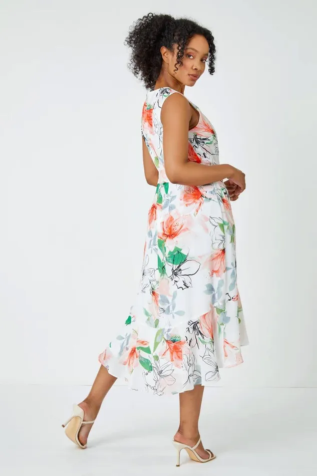 Women Ivory Petite Floral Sleeveless Chiffon Frill Dress Roman Dresses