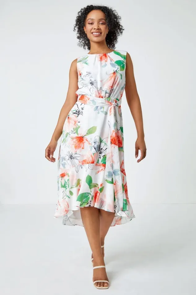 Women Ivory Petite Floral Sleeveless Chiffon Frill Dress Roman Dresses