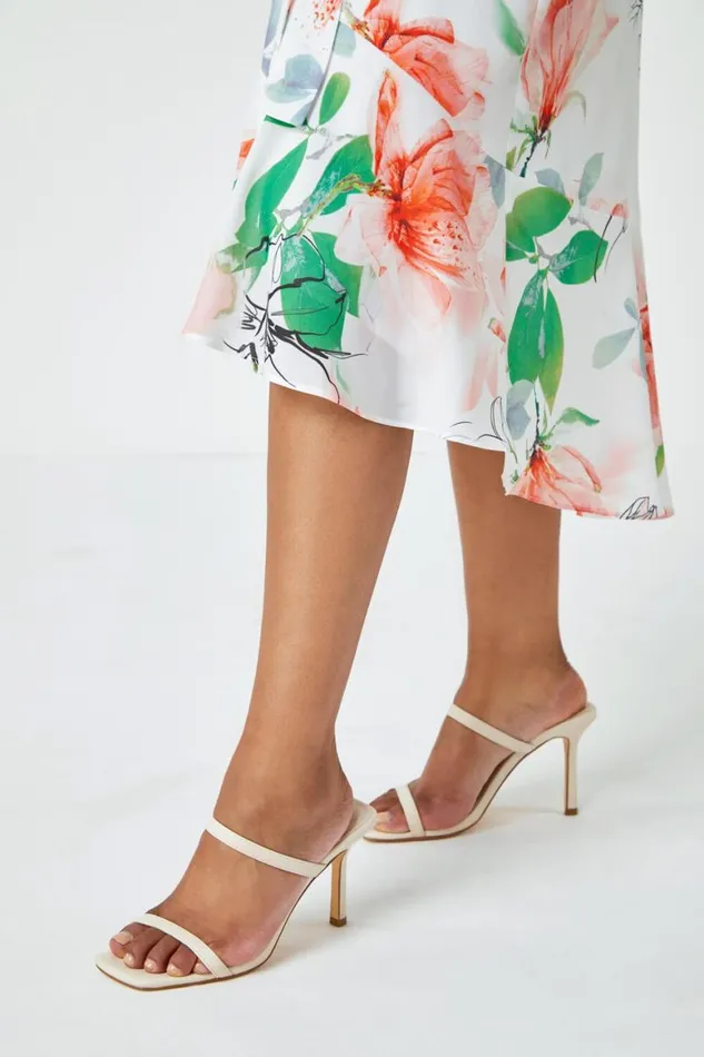 Women Ivory Petite Floral Sleeveless Chiffon Frill Dress Roman Dresses