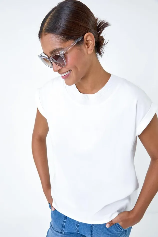 Women Ivory Premium Rib Trim Jersey Stretch TShirt Roman Tops