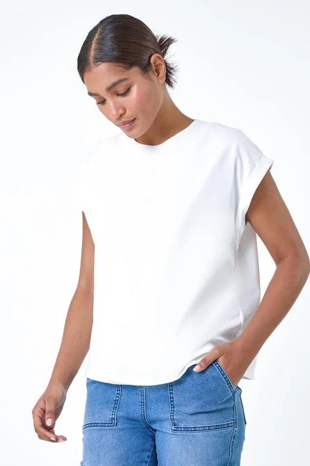 Women Ivory Premium Rib Trim Jersey Stretch TShirt Roman Tops