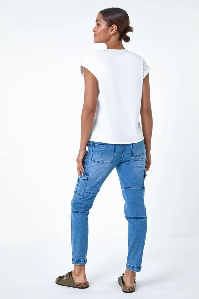 Women Ivory Premium Rib Trim Jersey Stretch TShirt Roman Tops