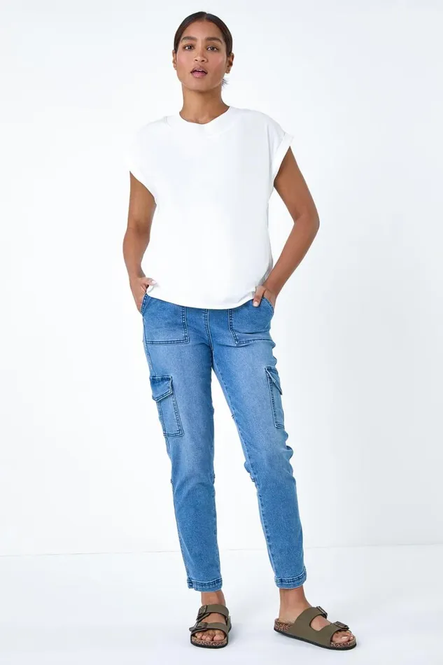 Women Ivory Premium Rib Trim Jersey Stretch TShirt Roman Tops