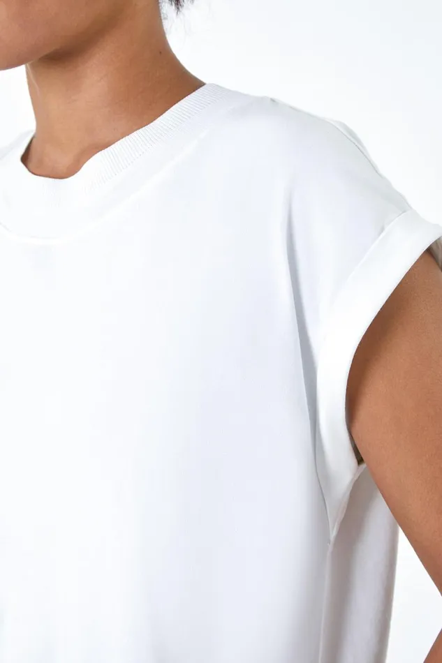 Women Ivory Premium Rib Trim Jersey Stretch TShirt Roman Tops