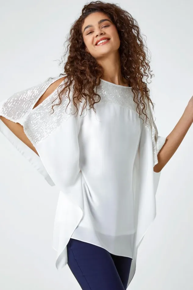 Women Ivory Sequin Embellished Chiffon Overlay Top Roman Tops