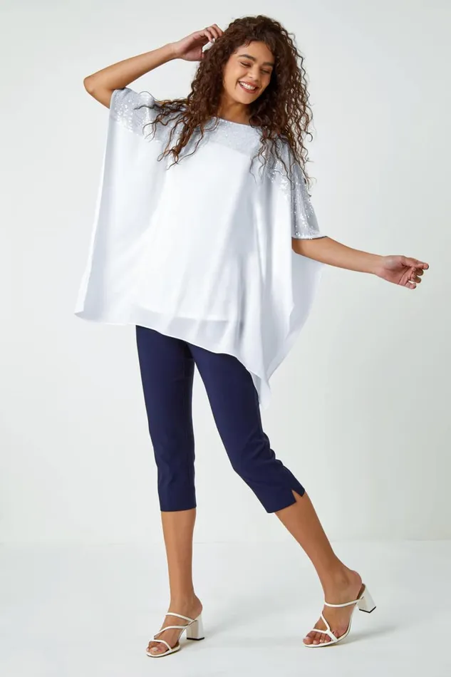 Women Ivory Sequin Embellished Chiffon Overlay Top Roman Tops