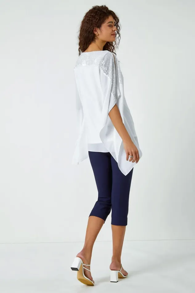 Women Ivory Sequin Embellished Chiffon Overlay Top Roman Tops