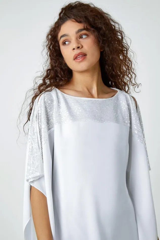 Women Ivory Sequin Embellished Chiffon Overlay Top Roman Tops