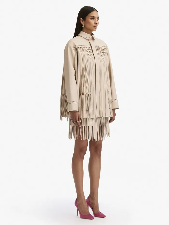 Women Jackets and Coats Oscar De La Renta Fringe Detail Leather Jacket Bone Women Jackets and Coats Oscar De La Renta Fringe Detail Leather Jacket Bone