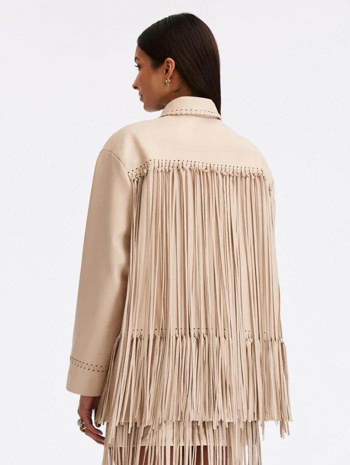 Women Jackets and Coats Oscar De La Renta Fringe Detail Leather Jacket Bone Women Jackets and Coats Oscar De La Renta Fringe Detail Leather Jacket Bone
