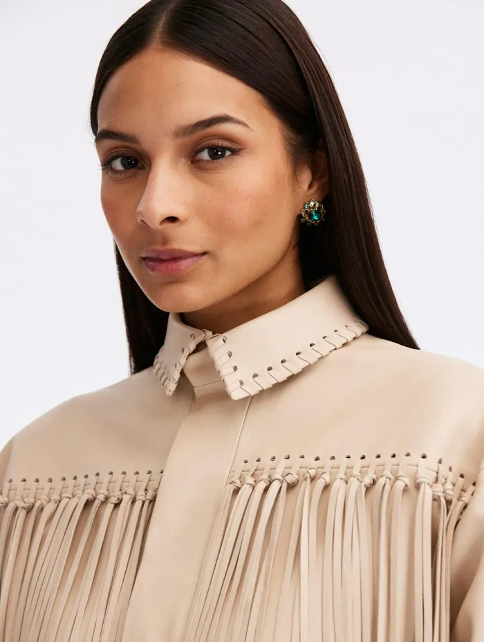 Women Jackets and Coats Oscar De La Renta Fringe Detail Leather Jacket Bone Women Jackets and Coats Oscar De La Renta Fringe Detail Leather Jacket Bone