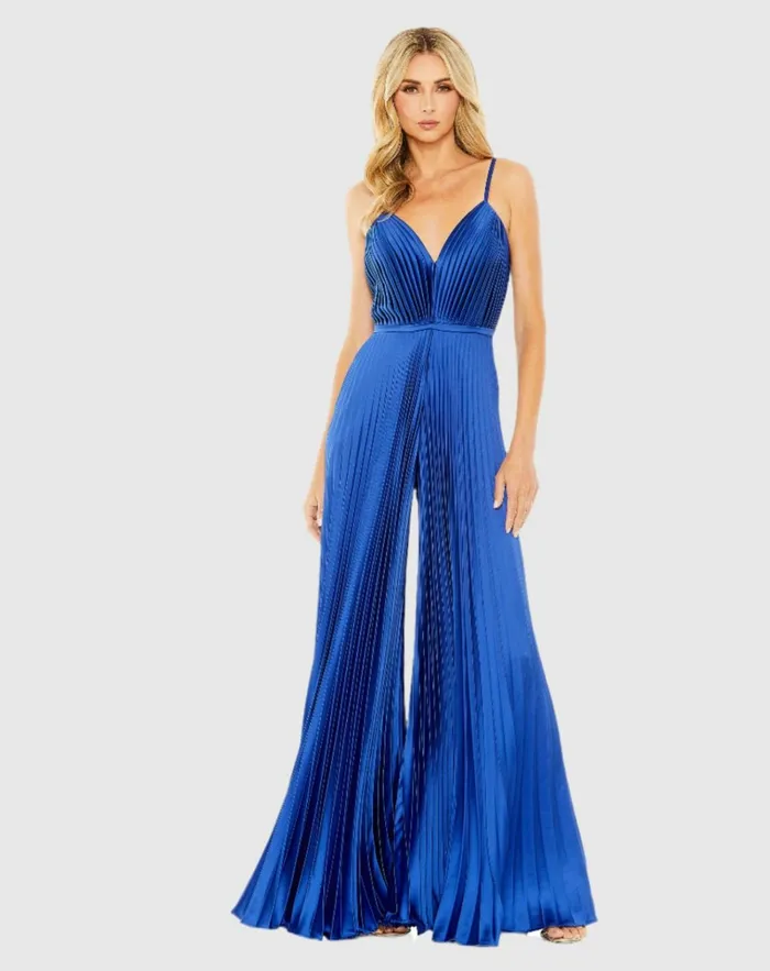 Women Jumpsuits and Rompers Mac Duggal Dark Blue Pleated Plunge Neck Wide Leg Jumpsuit Royal Women Jumpsuits and Rompers Mac Duggal Dark Blue Pleated Plunge Neck Wide Leg Jumpsuit Royal