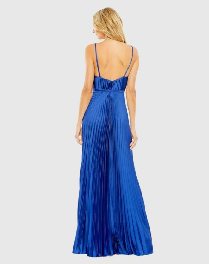 Women Jumpsuits and Rompers Mac Duggal Dark Blue Pleated Plunge Neck Wide Leg Jumpsuit Royal