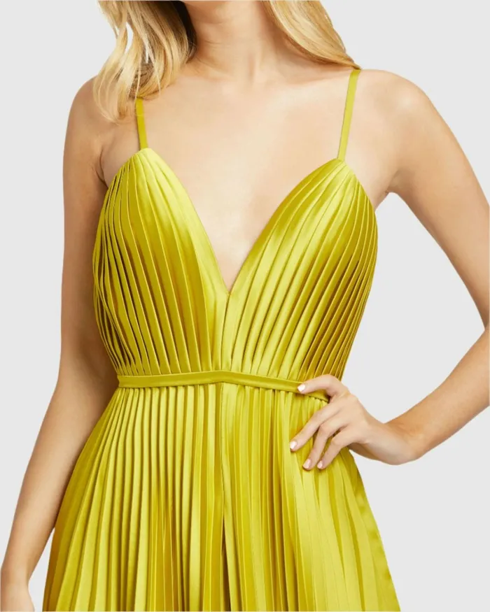 Women Jumpsuits and Rompers Mac Duggal Green Pleated Plunge Neck Wide Leg Jumpsuit Chartreuse