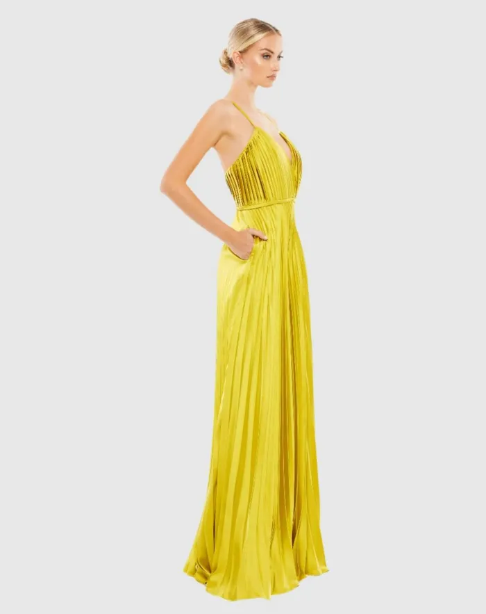 Women Jumpsuits and Rompers Mac Duggal Green Pleated Plunge Neck Wide Leg Jumpsuit Chartreuse