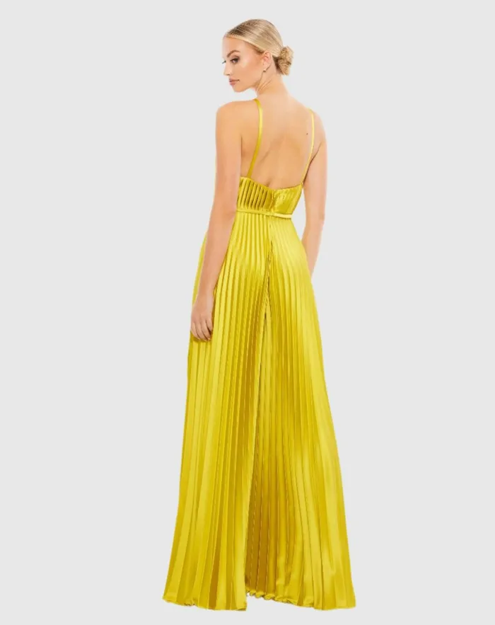 Women Jumpsuits and Rompers Mac Duggal Green Pleated Plunge Neck Wide Leg Jumpsuit Chartreuse