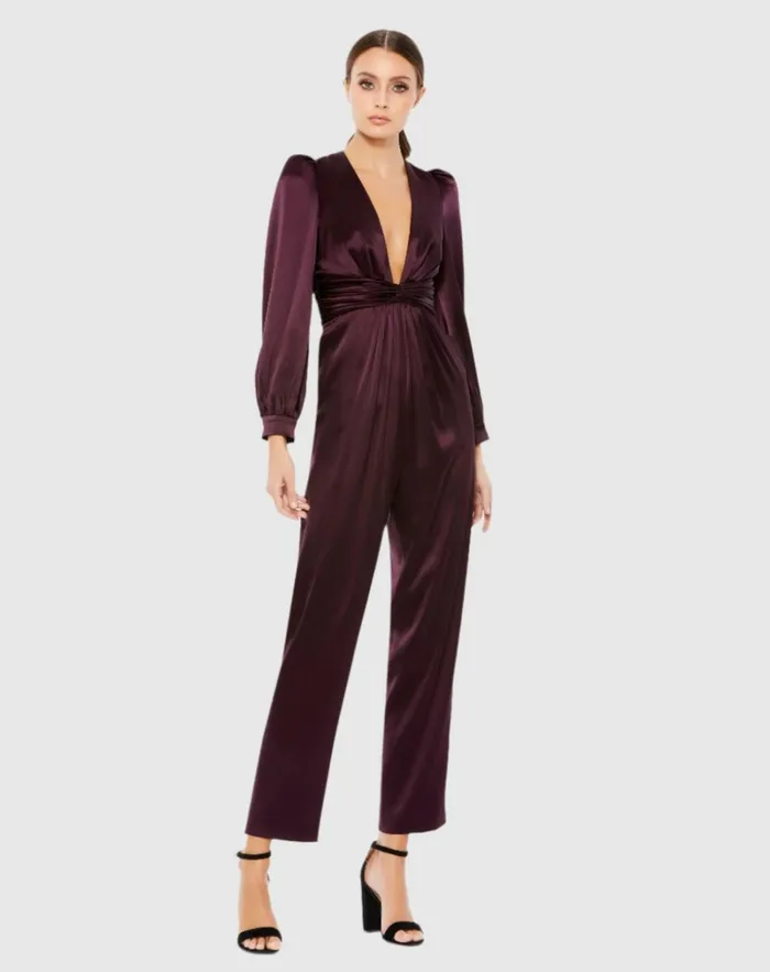 Women Jumpsuits and Rompers Mac Duggal Purple Front Twist Puff Sleeve Deep V Jumpsuit Plum Women Jumpsuits and Rompers Mac Duggal Purple Front Twist Puff Sleeve Deep V Jumpsuit Plum