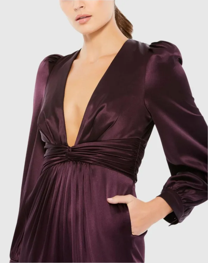 Women Jumpsuits and Rompers Mac Duggal Purple Front Twist Puff Sleeve Deep V Jumpsuit Plum