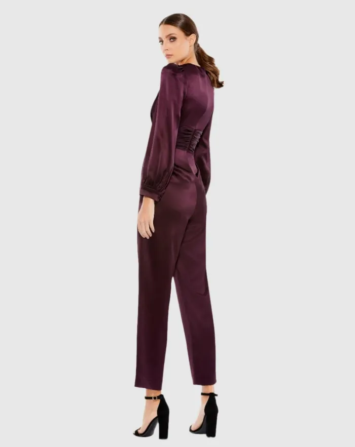 Women Jumpsuits and Rompers Mac Duggal Purple Front Twist Puff Sleeve Deep V Jumpsuit Plum