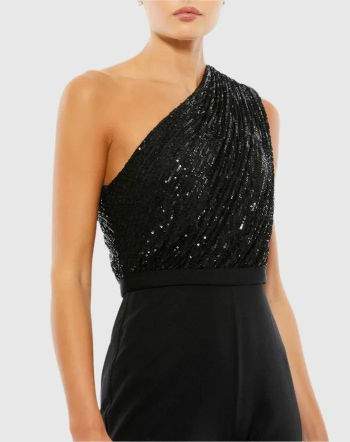 Women Jumpsuits and Rompers Mac Duggal Sequined One Shoulder Jumpsuit 8211 FINAL SALE Black