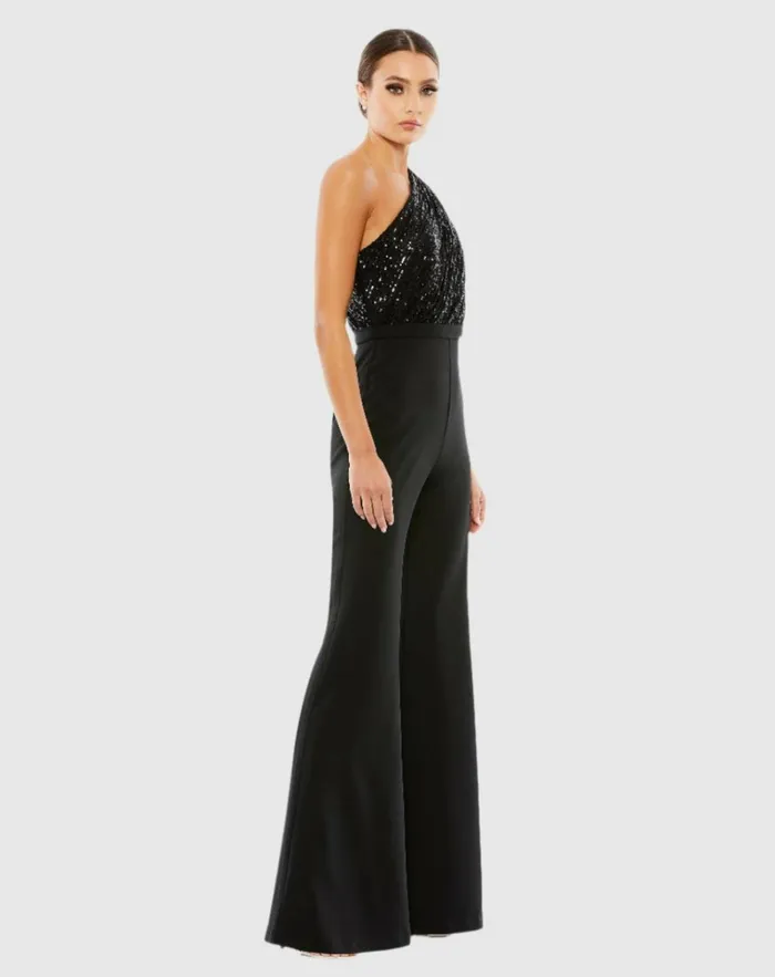 Women Jumpsuits and Rompers Mac Duggal Sequined One Shoulder Jumpsuit 8211 FINAL SALE Black