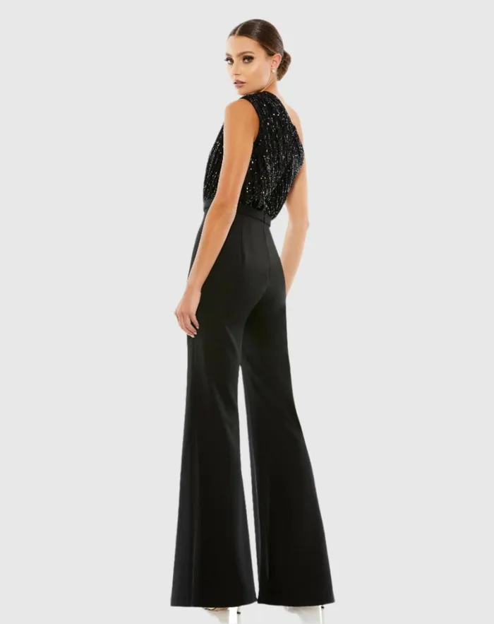Women Jumpsuits and Rompers Mac Duggal Sequined One Shoulder Jumpsuit 8211 FINAL SALE Black