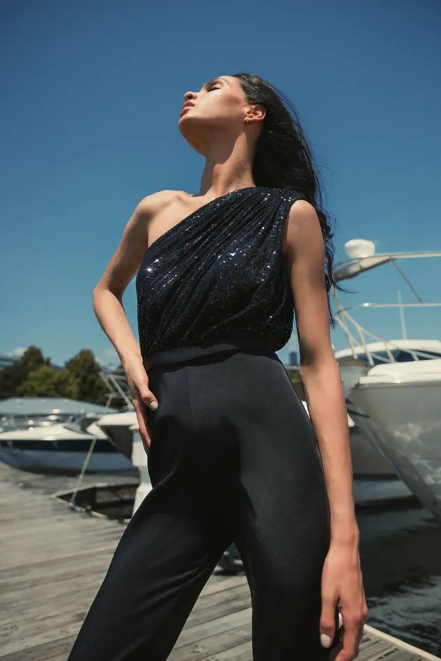 Women Jumpsuits and Rompers Mac Duggal Sequined One Shoulder Jumpsuit 8211 FINAL SALE Black