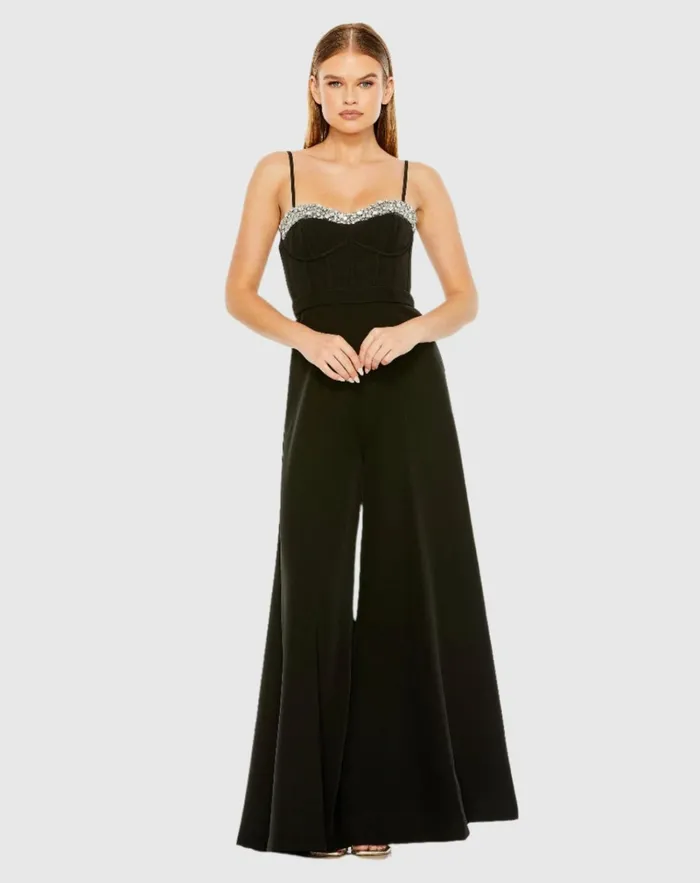 Women Jumpsuits and Rompers Mac Duggal Slim Strap Beaded Bustier Top Jumpsuit Black