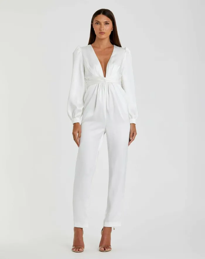 Women Jumpsuits and Rompers Mac Duggal White Front Twist Puff Sleeve Deep V Jumpsuit White Women Jumpsuits and Rompers Mac Duggal White Front Twist Puff Sleeve Deep V Jumpsuit White