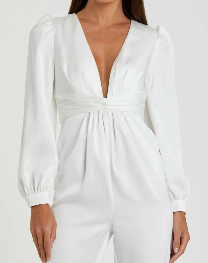 Women Jumpsuits and Rompers Mac Duggal White Front Twist Puff Sleeve Deep V Jumpsuit White