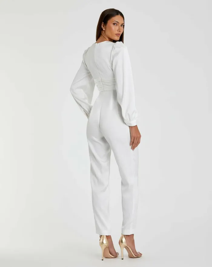 Women Jumpsuits and Rompers Mac Duggal White Front Twist Puff Sleeve Deep V Jumpsuit White