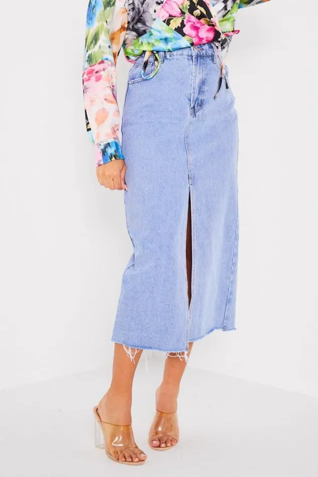 Women Jupe Large En Jean Bleu Fendu Blue Brentiny Paris Skirts