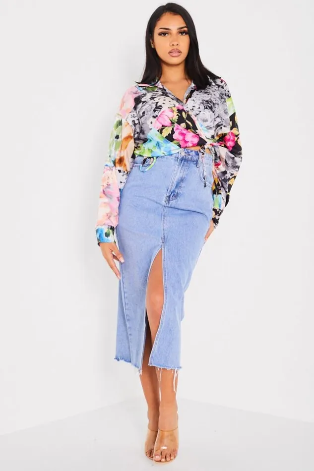 Women Jupe Large En Jean Bleu Fendu Blue Brentiny Paris Skirts