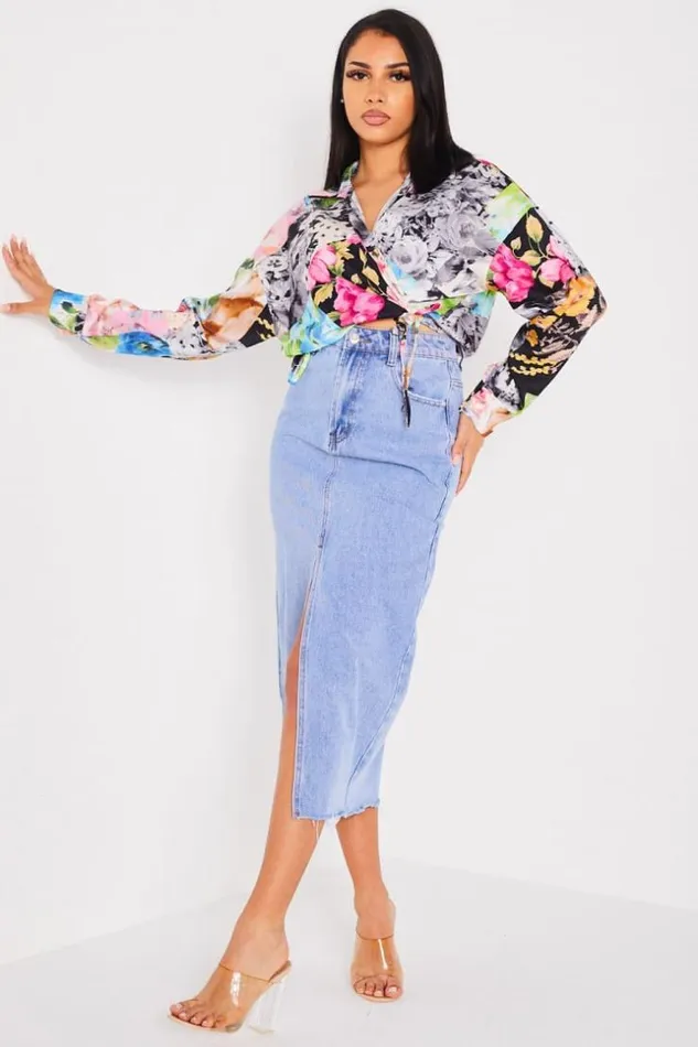 Women Jupe Large En Jean Bleu Fendu Blue Brentiny Paris Skirts
