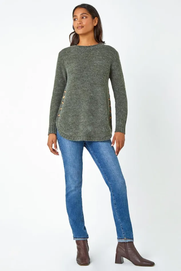 Women Khaki Button Detail Curved Hem Jumper Roman Knitwear