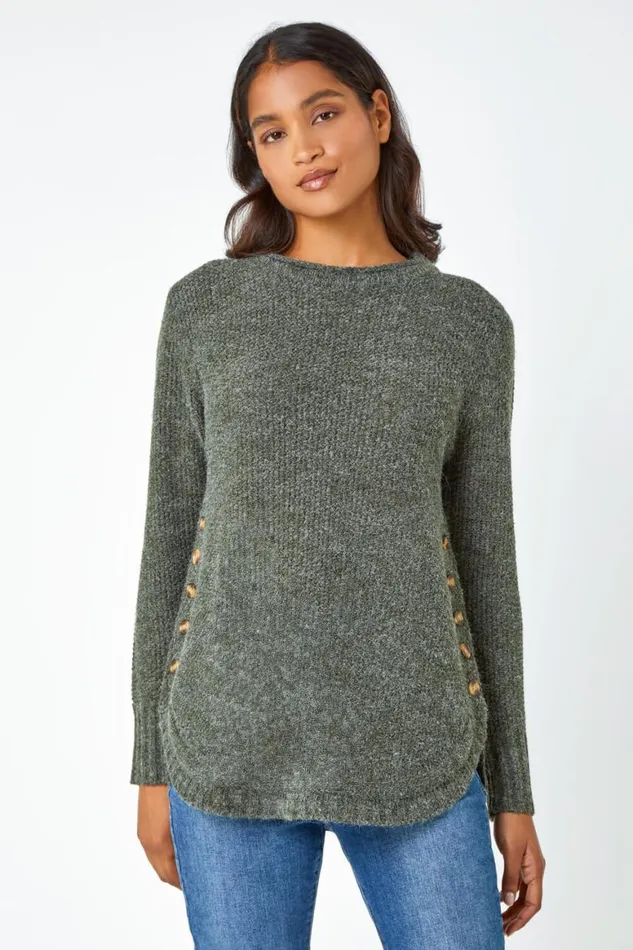 Women Khaki Button Detail Curved Hem Jumper Roman Knitwear