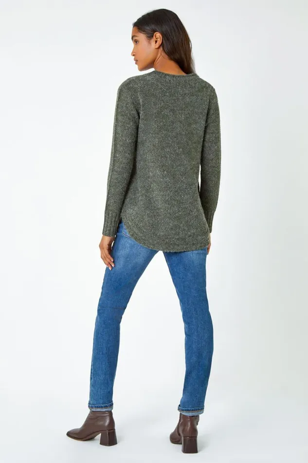 Women Khaki Button Detail Curved Hem Jumper Roman Knitwear