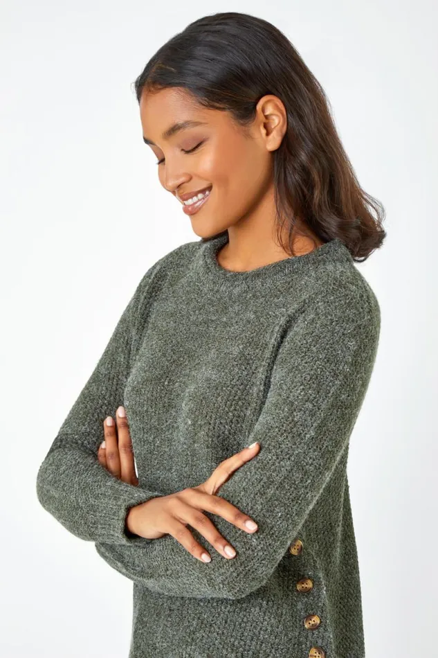 Women Khaki Button Detail Curved Hem Jumper Roman Knitwear
