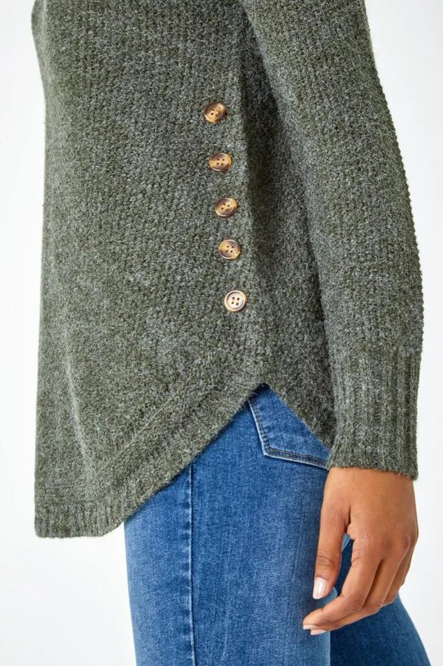 Women Khaki Button Detail Curved Hem Jumper Roman Knitwear