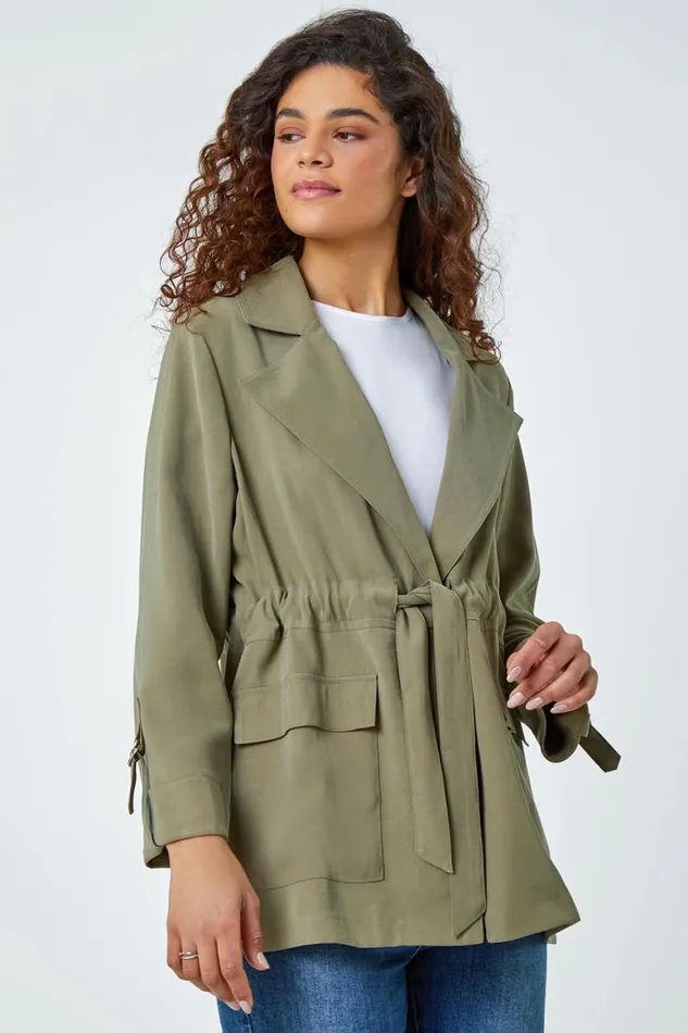 Women Khaki Collared Tie Waist Cargo Jacket Roman Jackets